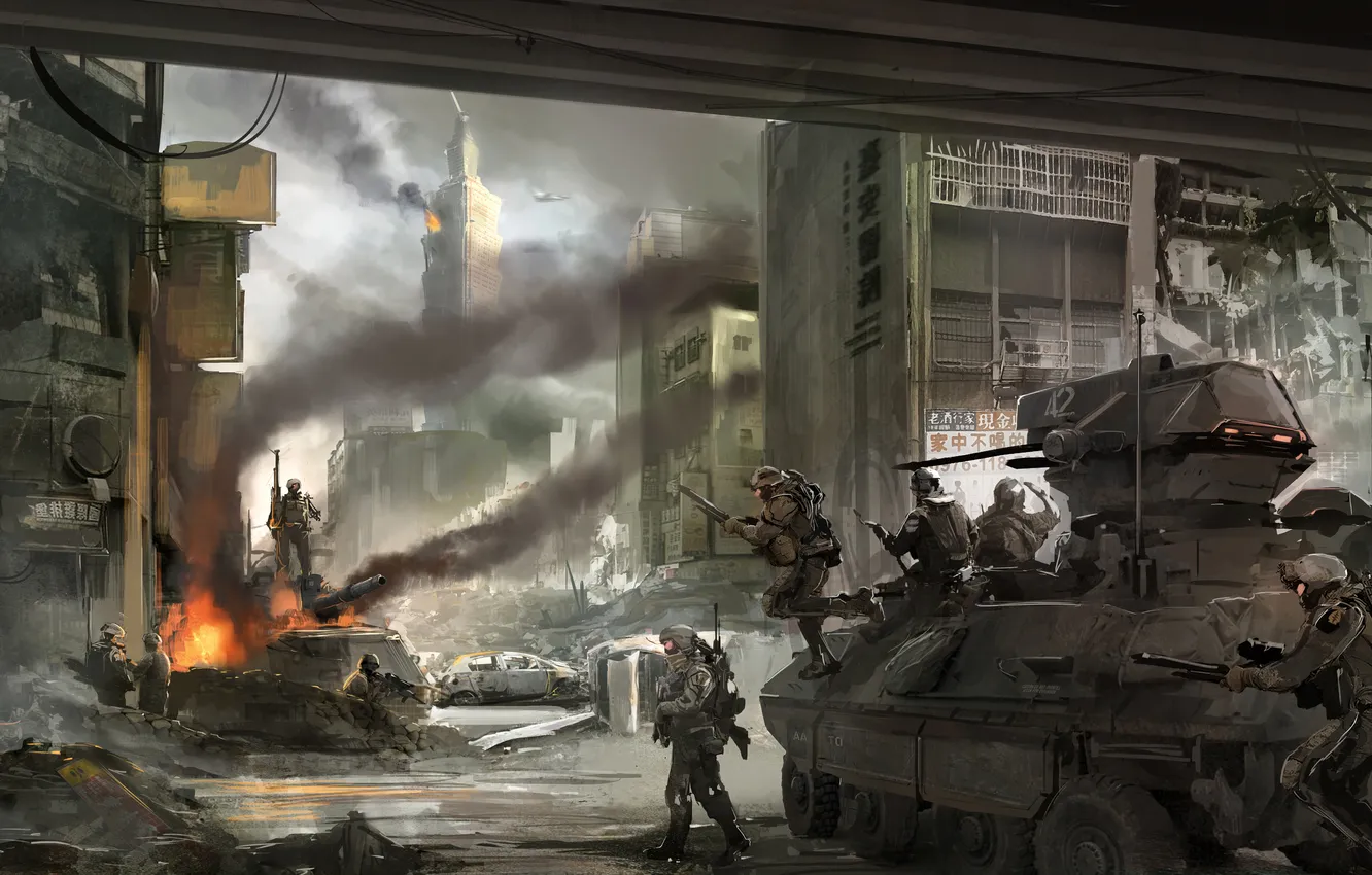 Photo wallpaper the city, war, soldiers, tank