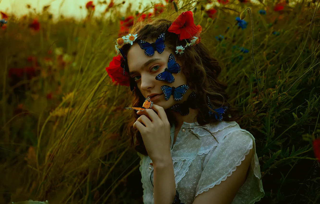 Photo wallpaper white, summer, look, girl, flowers, blue, pose, style