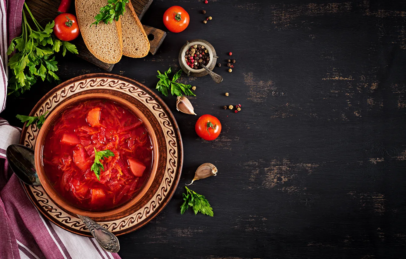 Photo wallpaper greens, bread, soup, pepper, tomato, tomato, tomatoes, black background