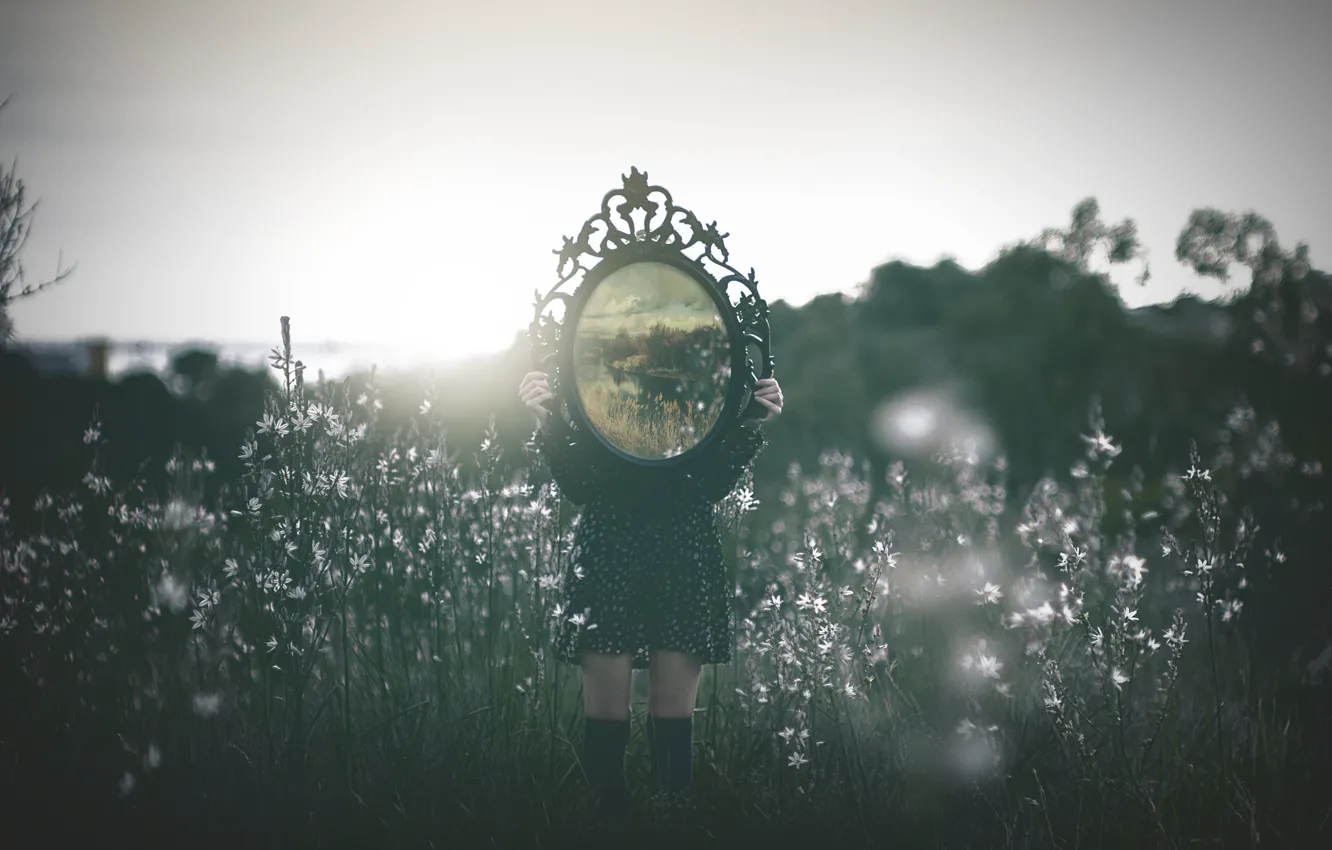 Photo wallpaper girl, the sun, clouds, landscape, flowers, river, dress, mirror