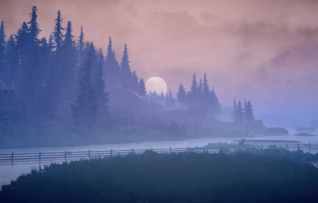 Photo wallpaper HDR, game, wood, water, clouds, mountain, rocks, fog