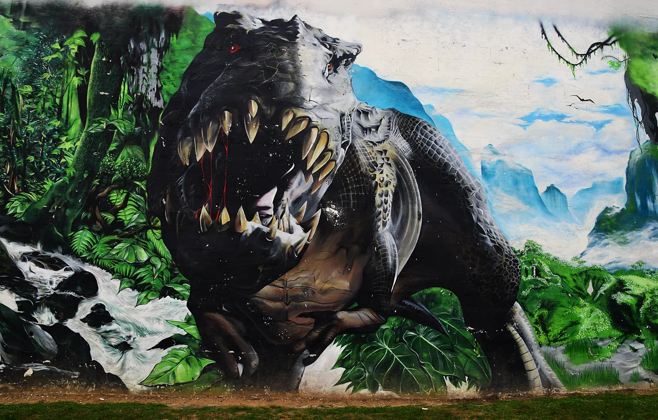 Photo wallpaper wall, graffiti, dinosaur, mouth, Graffiti, roar, T-Rex