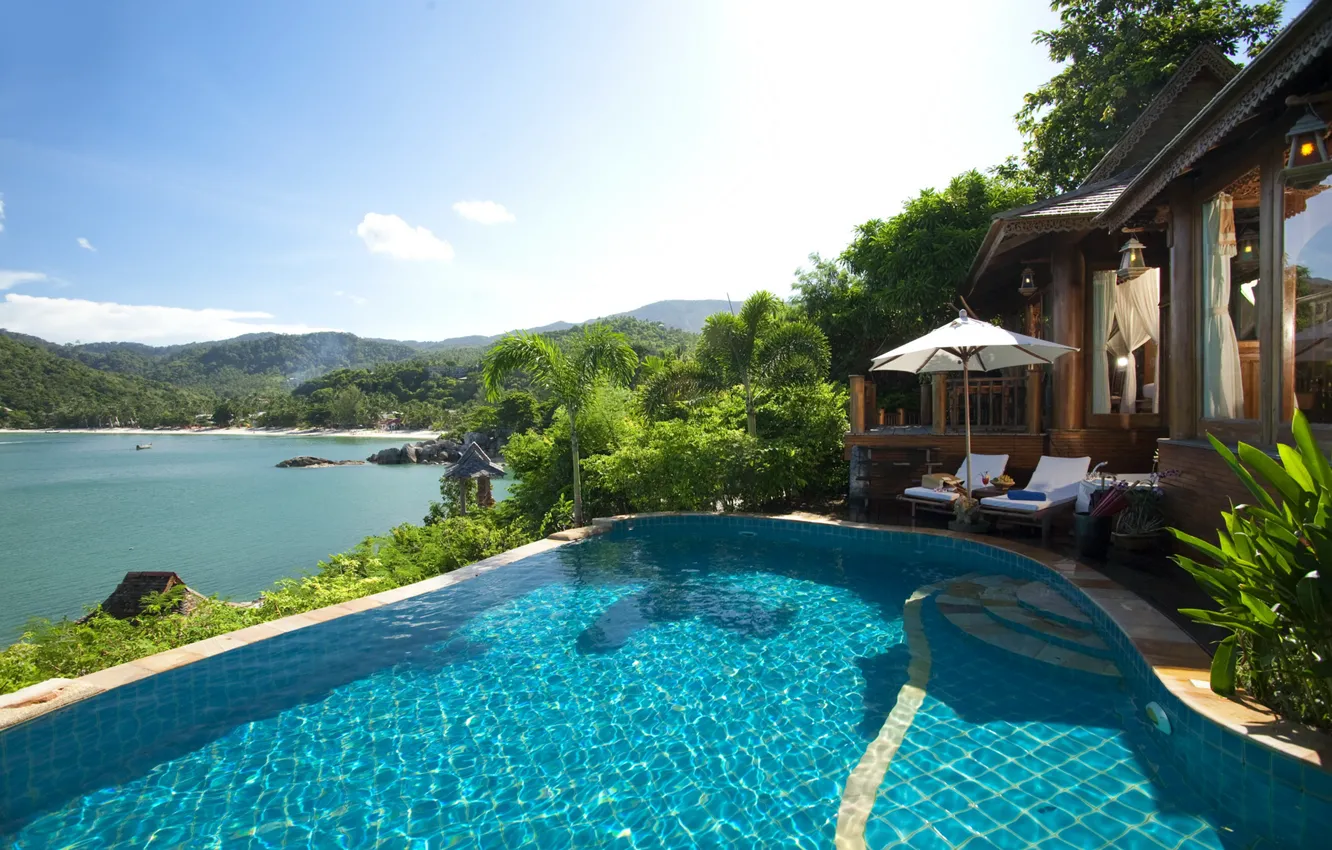Photo wallpaper pool, ocean, luxury, Villa, palms