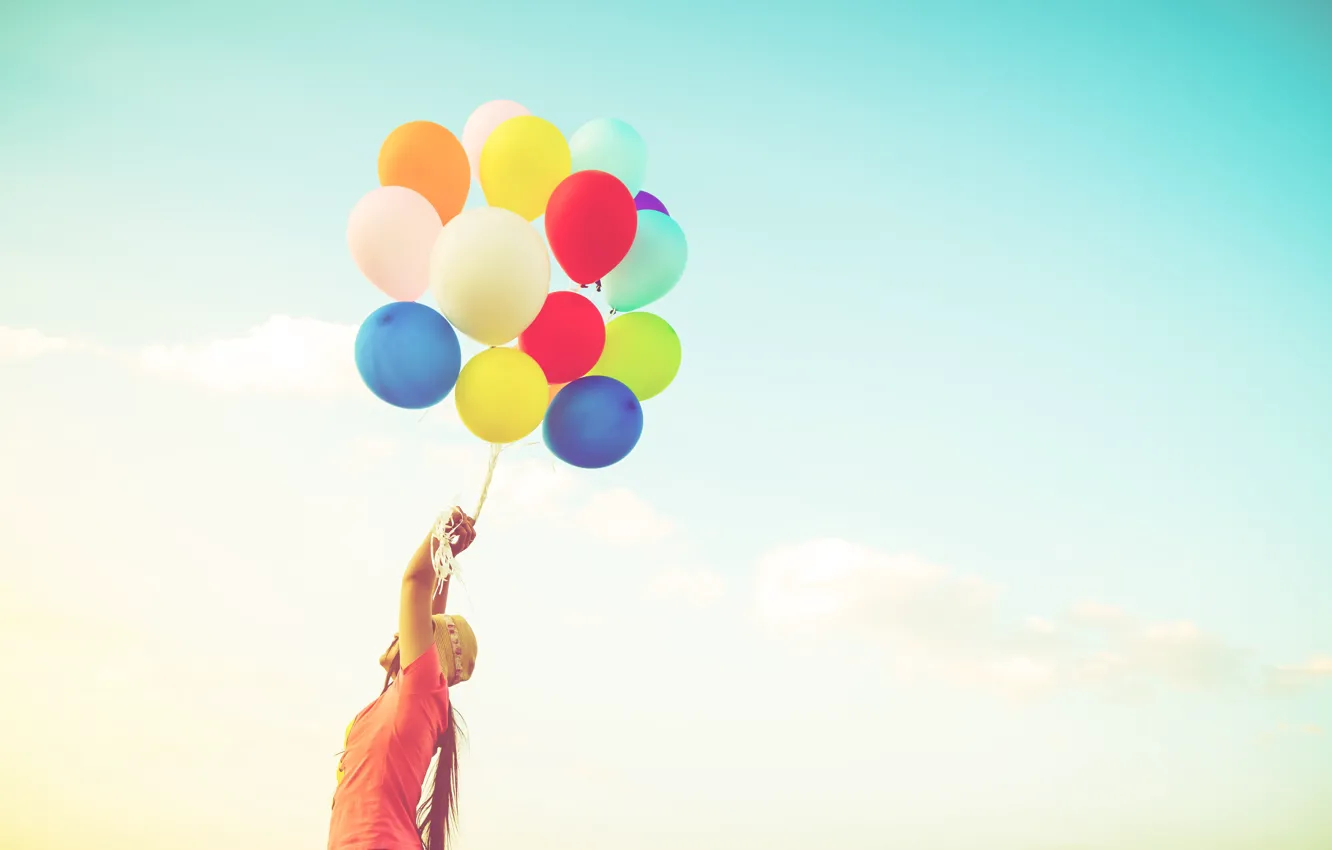 Photo wallpaper the sky, girl, balls, nature, girl, colorful, balls, sky
