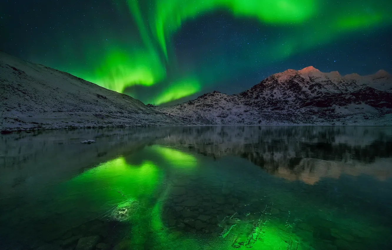Photo wallpaper winter, the sky, mountains, reflection, Northern lights, the fjord