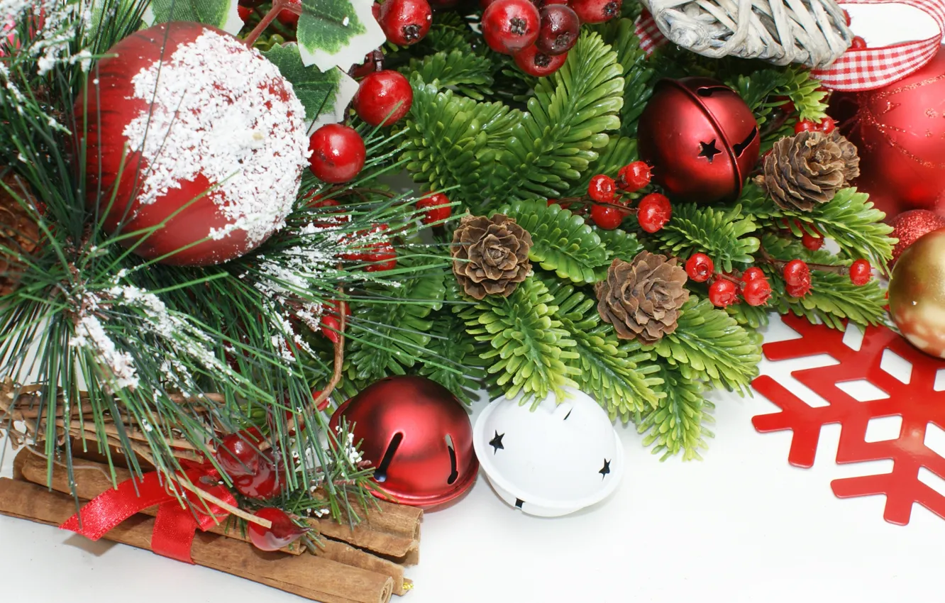 Photo wallpaper balls, branches, red, holiday, balls, toy, tree, new year
