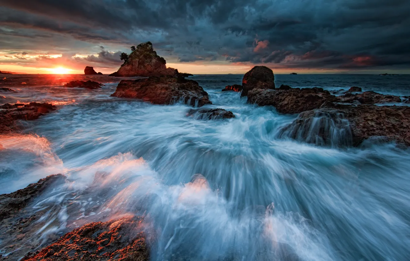 Photo wallpaper sea, wave, landscape, sunset, clouds, storm, rocks, Wallpaper from lolita777