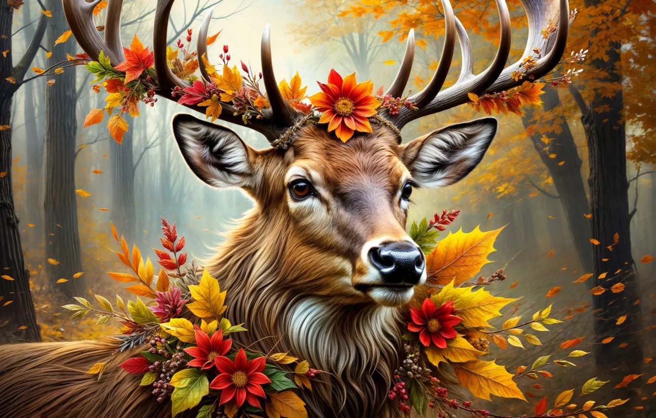 Photo wallpaper autumn, forest, leaves, flowers, nature, deer, horns