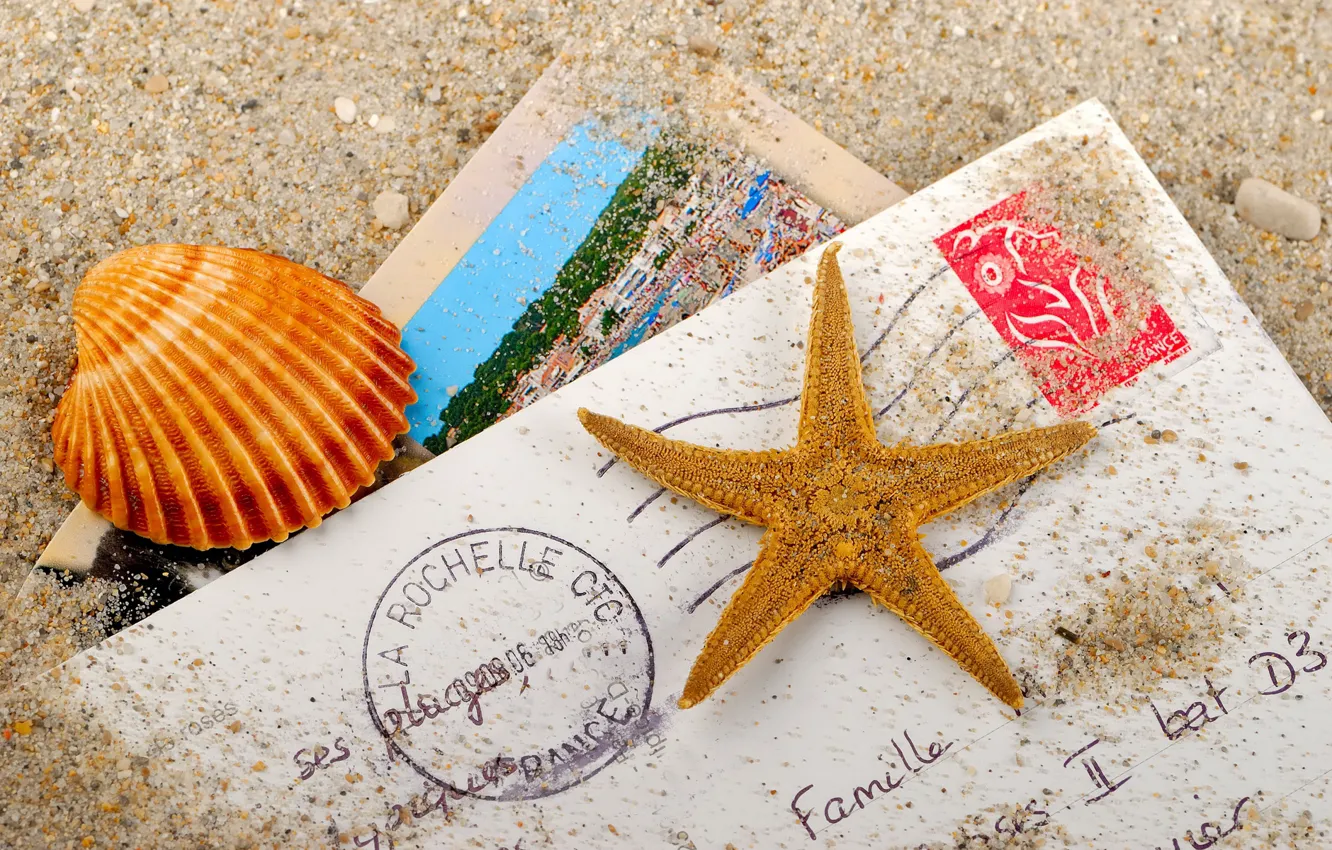Photo wallpaper sand, letter, shell, starfish