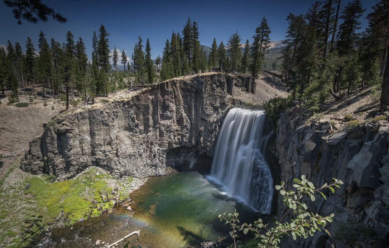 Photo wallpaper lake, rocks, waterfall