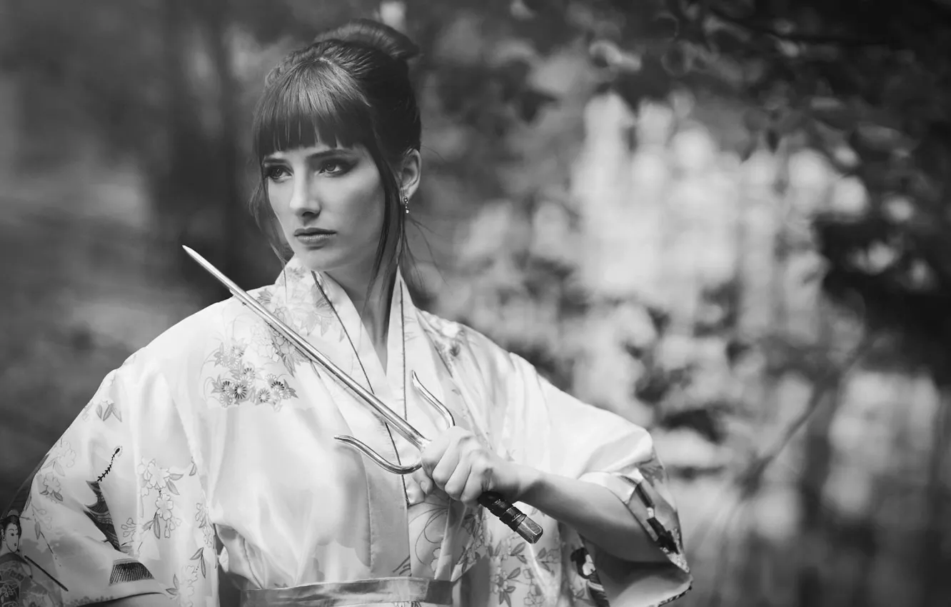 Photo wallpaper weapon, redhead, Susan Coffey, Sai, martial arts, black &amp; white, cultural, chinese outfit
