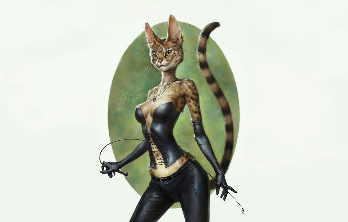 Photo wallpaper whip, cat, art, ears, art, girl, corset, tail, furry, figure, girl, by EldarZakirov, leather, sexy, …