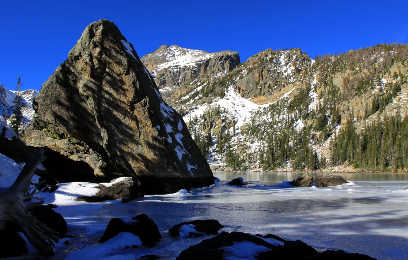 Photo wallpaper the sky, snow, mountains, lake, rocks
