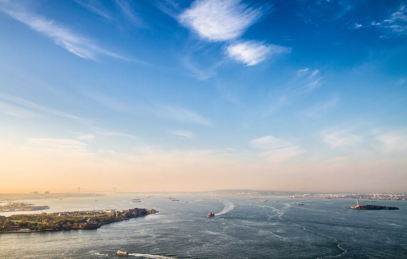 Photo wallpaper Islands, clouds, the ocean, dawn, ships, the statue of liberty, skyline, sky