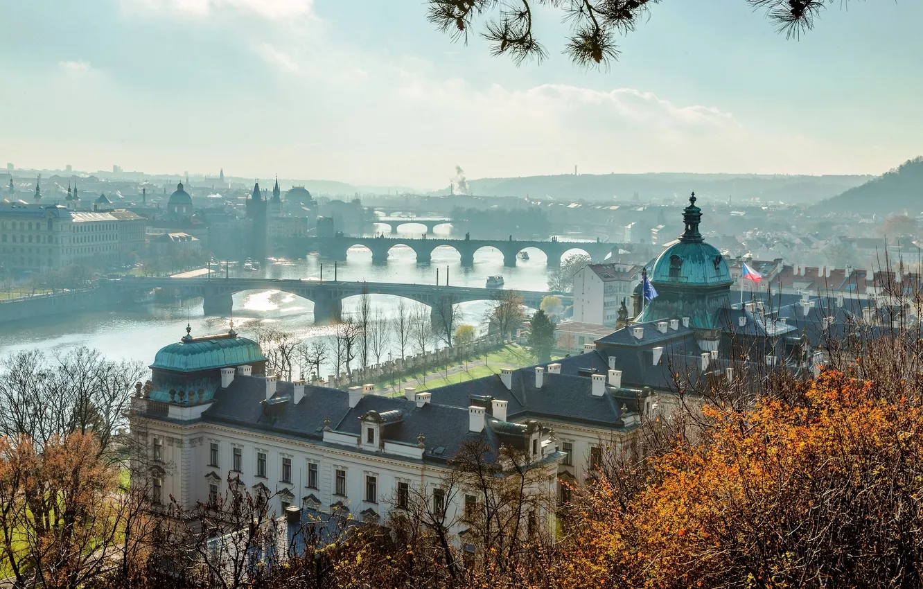 Photo wallpaper bridge, the city, river, view, building, Prague, Czech Republic, panorama