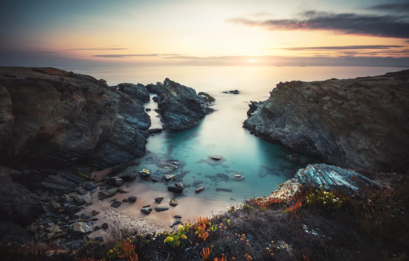 Photo wallpaper beach, sea, sunrise, ships