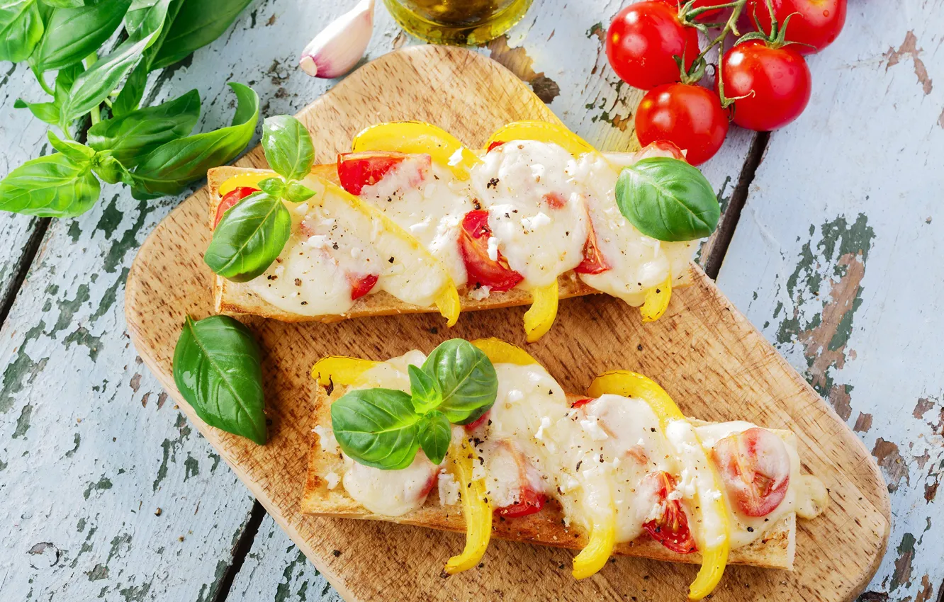 Photo wallpaper Board, cheese, pepper, tomatoes, sandwiches, bruschetta