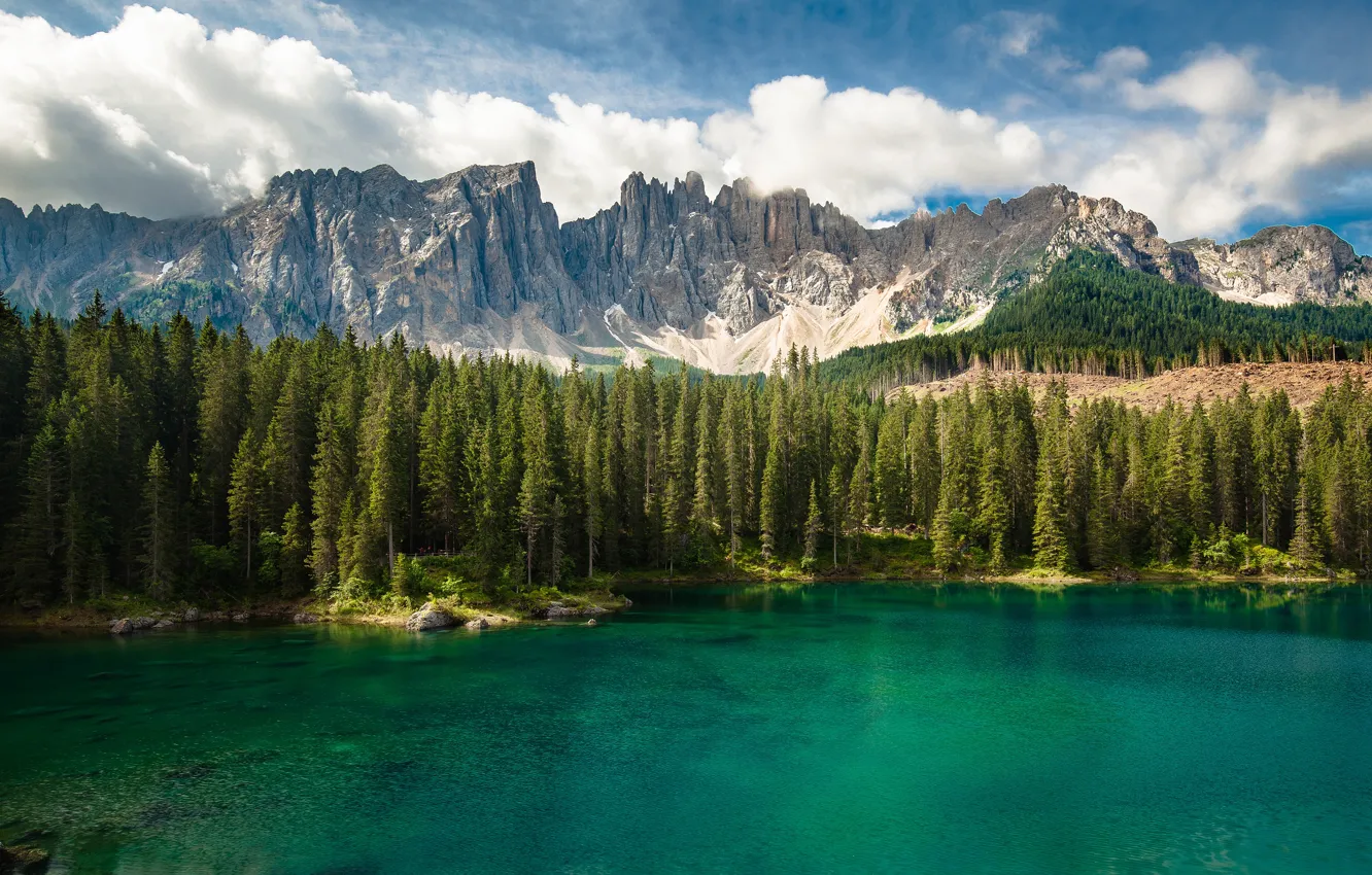 Photo wallpaper forest, the sky, clouds, mountains, lake, shore, tops, pond