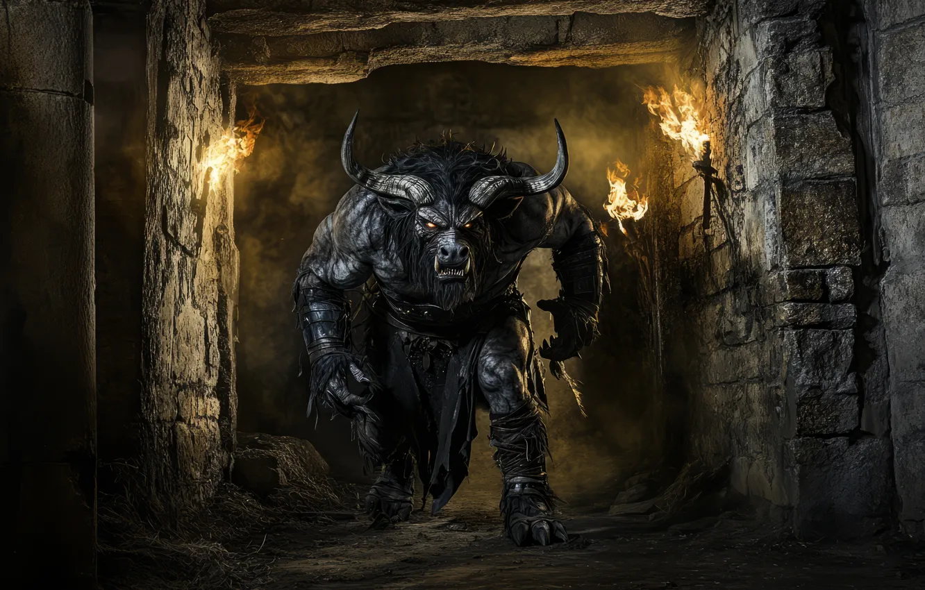 Photo wallpaper horns, torch, monster, the Minotaur, digital art, mythology, AI art, The Art of Artificial Intelligence