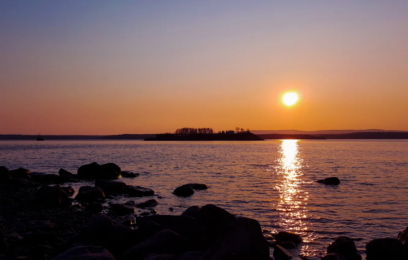 Photo wallpaper sea, the sun, sunset, stones, shore, island