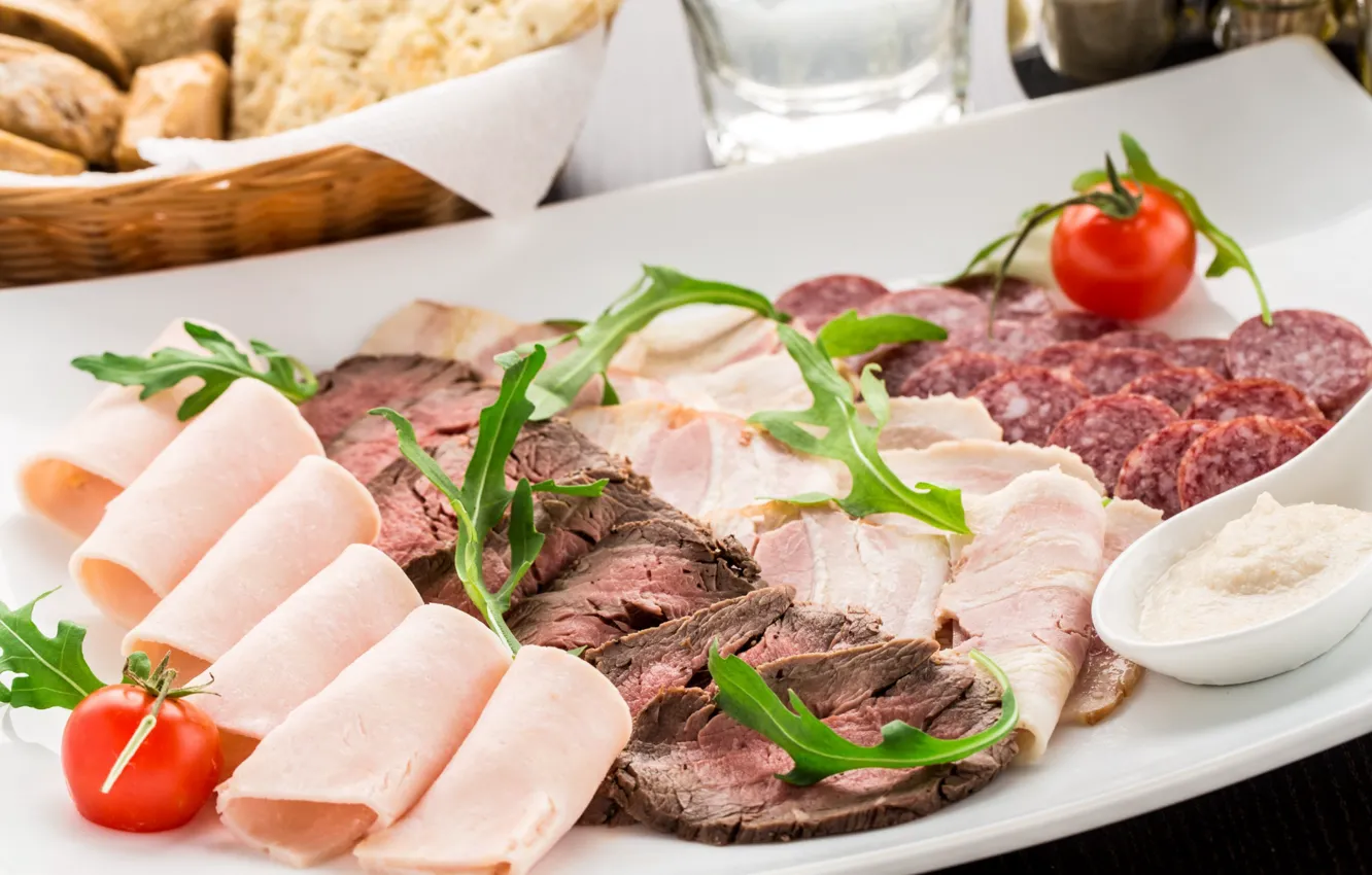 Photo wallpaper meat, tomatoes, sauce, cutting, ham
