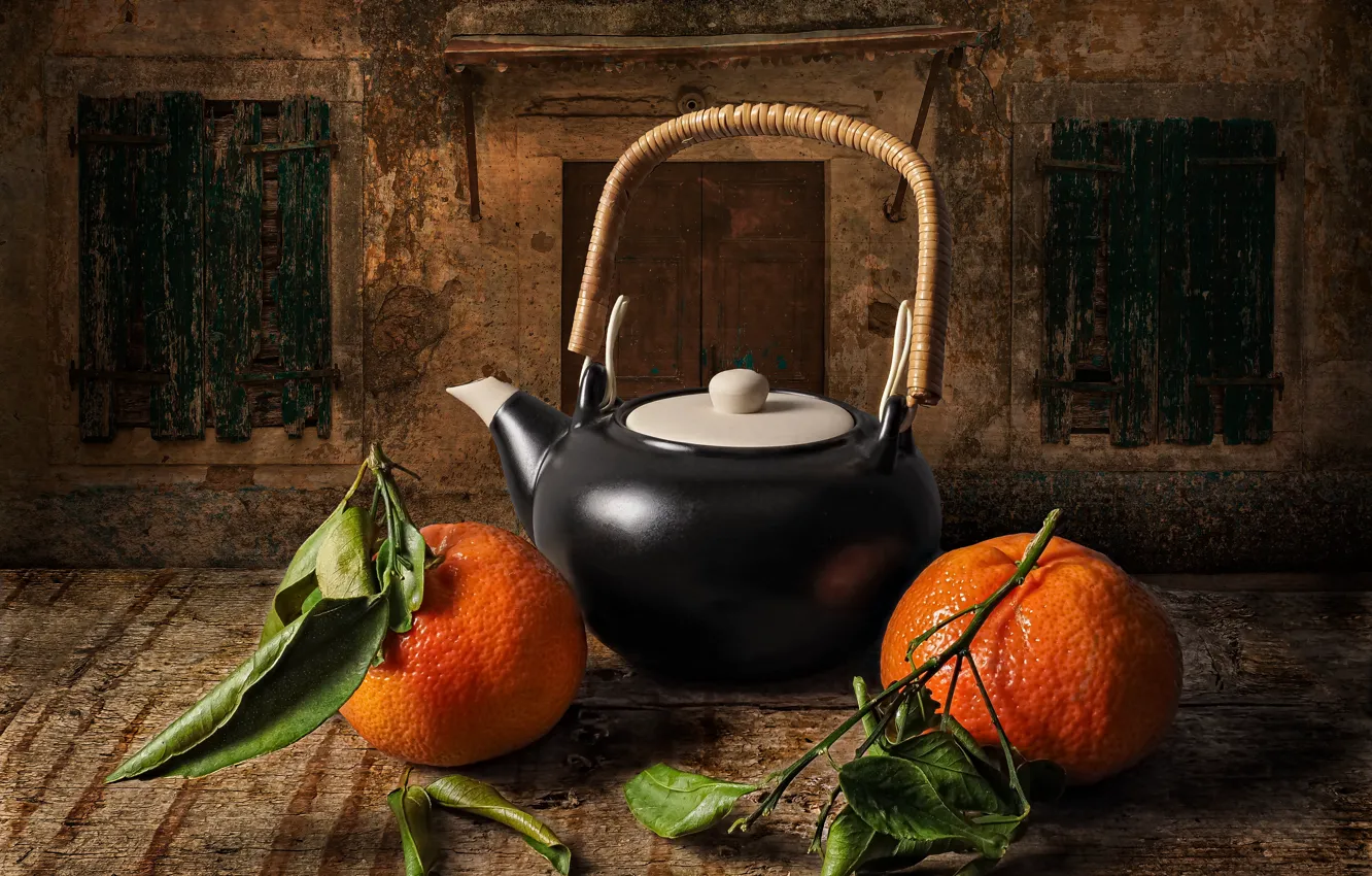 Photo wallpaper leaves, table, home, kettle, the door, window, shutters, still life