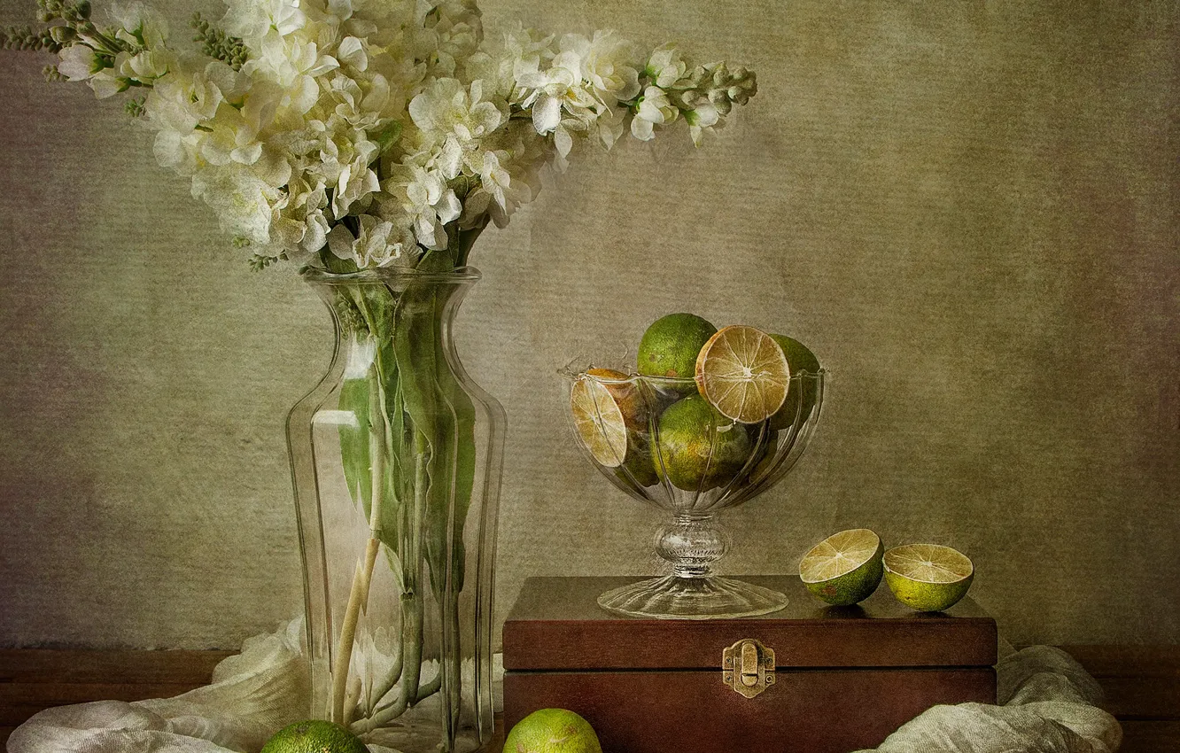 Photo wallpaper flowers, bouquet, box, lime, still life, vase, fucky