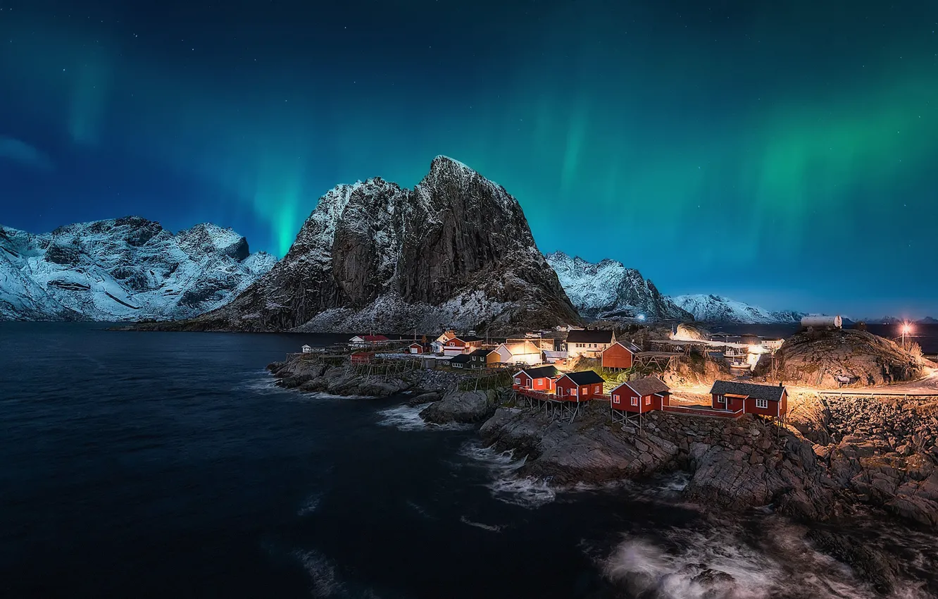 Photo wallpaper the sky, mountains, night, Norway, settlement, the fjord, and the sowing