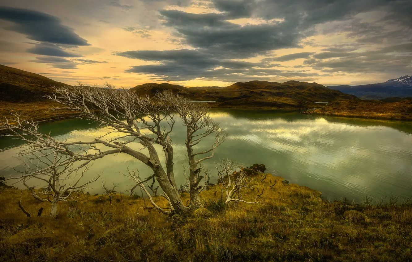 Photo wallpaper autumn, the sky, clouds, trees, mountains, lake, overcast, hills