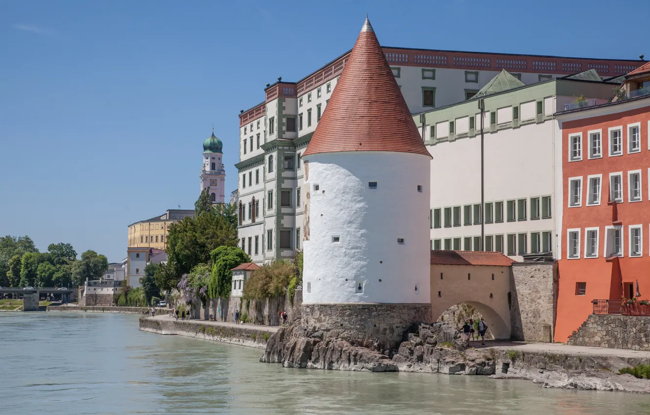 Photo wallpaper river, tower, Germany, Bayern, Passau
