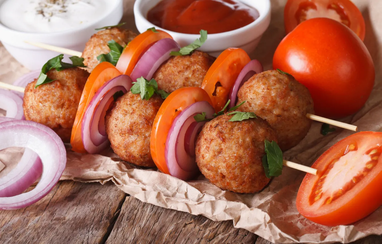 Photo wallpaper bow, kebab, meat, sauce, balls, tomatoes