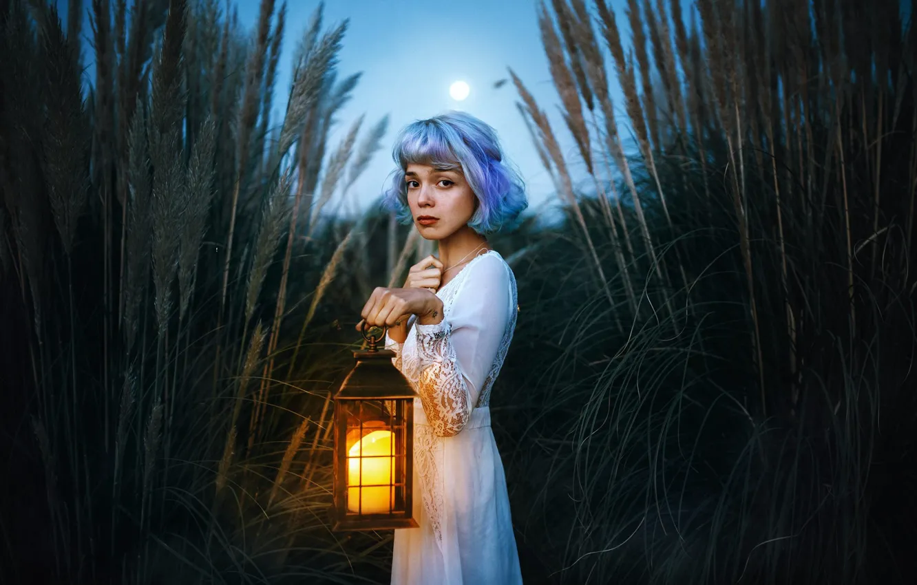 Photo wallpaper look, girl, the reeds, mood, dress, lantern, blue hair, Valentina Diaz