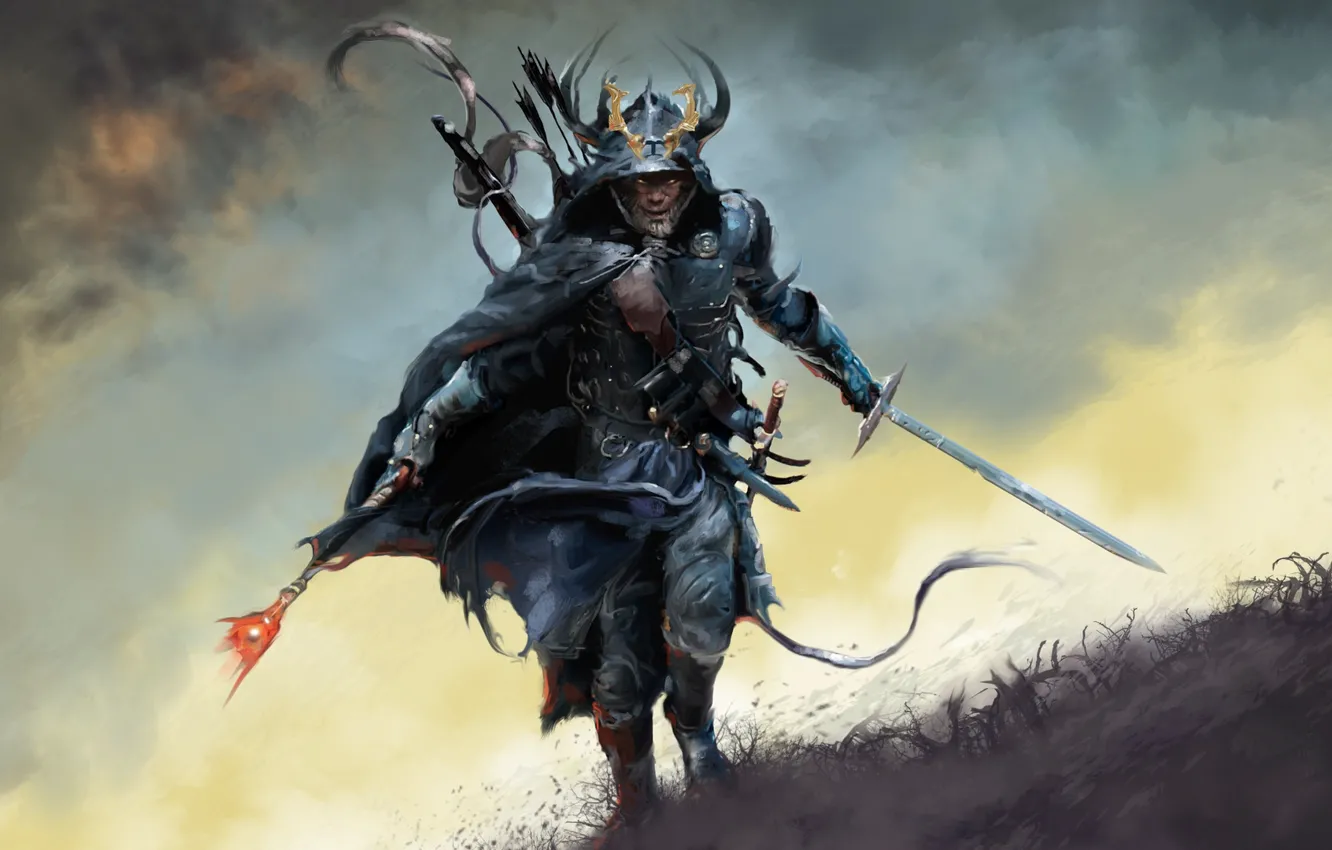 Photo wallpaper grass, sword, armor, running, Warrior