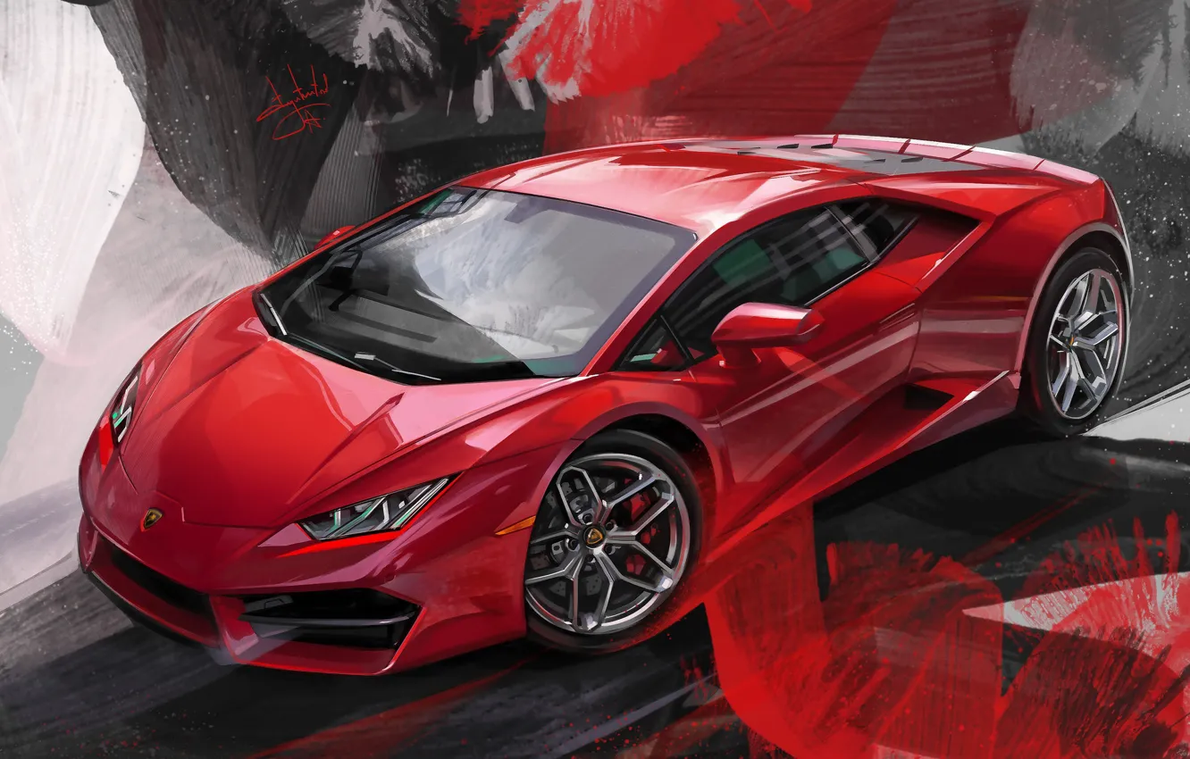 Photo wallpaper Red, Car, Illustration, Supercar, Lamborghini Huracan, Alexander Sidelnikov, red lambo