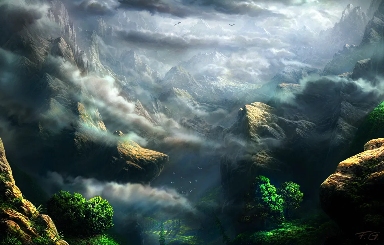 Photo wallpaper greens, clouds, trees, mountains, rocks, height, art, Fel-X