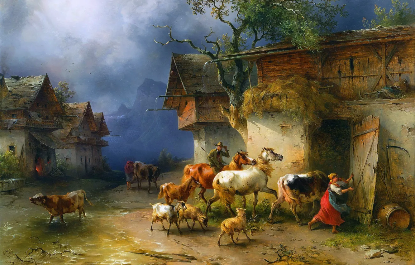 Photo wallpaper The wind, Picture, Horse, Cows, Goats, Austrian painter, Friedrich August Matthias Gauermann, Friedrich August Matthias …