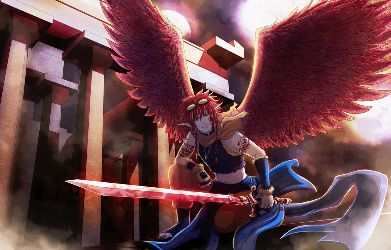 Photo wallpaper wings, sword, scarf, glasses, claws, guy, The demon