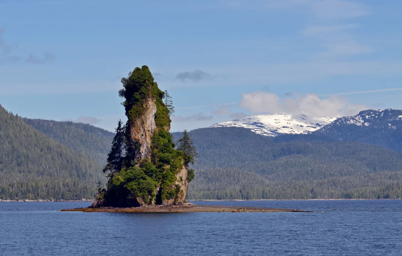 Photo wallpaper trees, lake, rocks, hills, island, coniferous