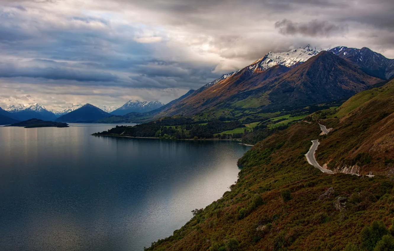 Photo wallpaper road, water, clouds, landscape, mountains, photos, picture, New Zealand