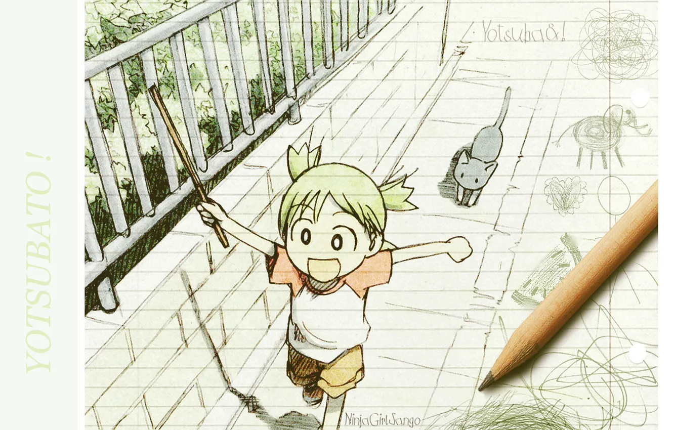 Photo wallpaper the fence, kitty, green hair, fun, Yotsubato, run, by Kiyohiko Azuma, Yotsuba Koiwai