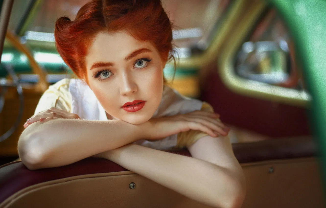 Photo wallpaper pose, look, portrait, girl, red