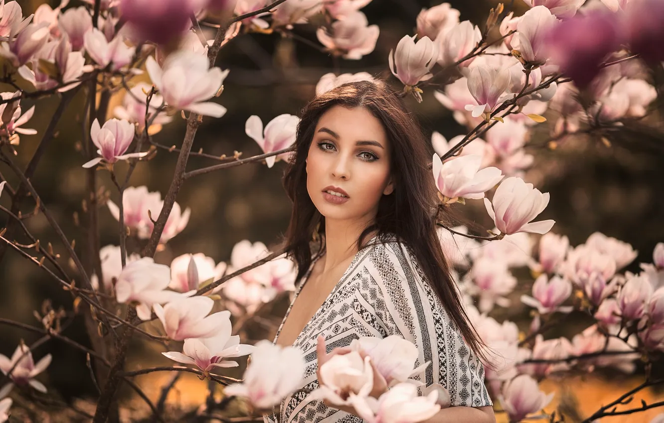 Photo wallpaper look, girl, trees, flowers, branches, mood, portrait, flowering