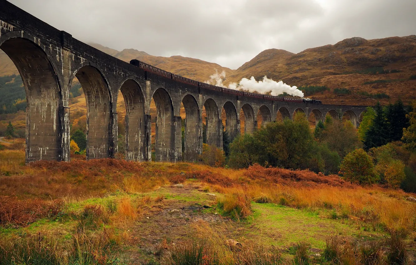 Photo wallpaper train, valley, Glenfinnan Viaduct