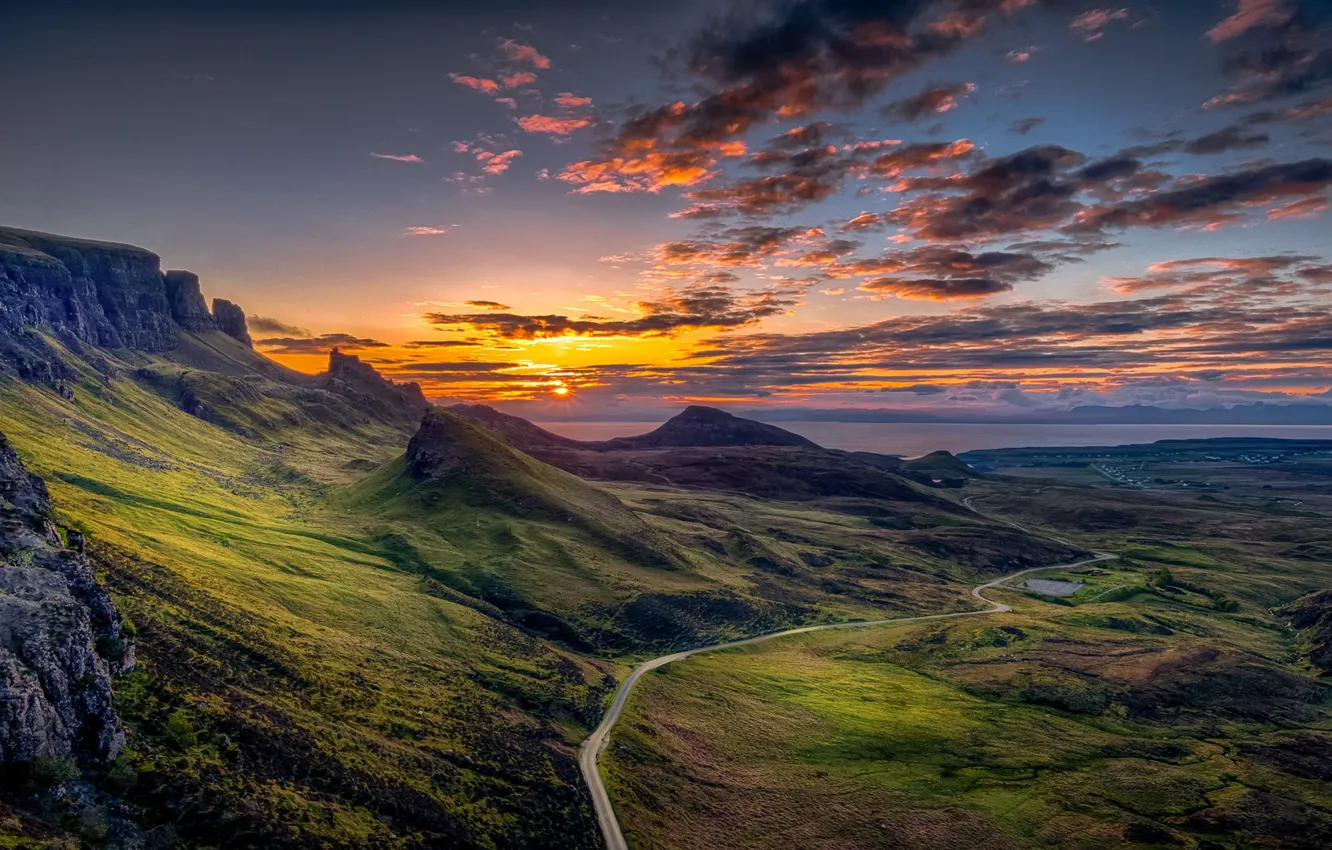 Photo wallpaper road, the sky, clouds, mountains, rocks, dawn, hills, dal