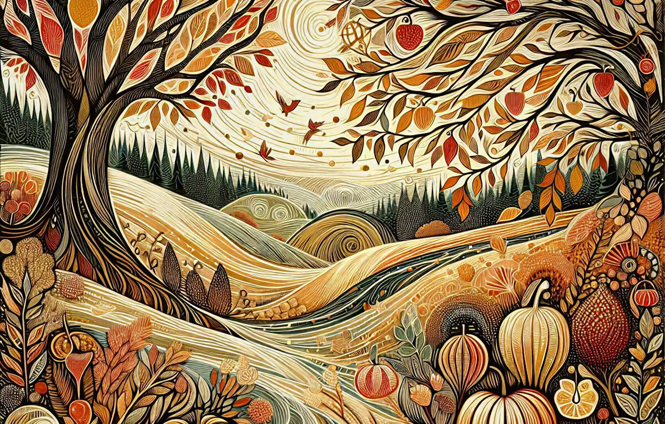 Photo wallpaper field, autumn, clouds, trees, hills, pattern, foliage, styling