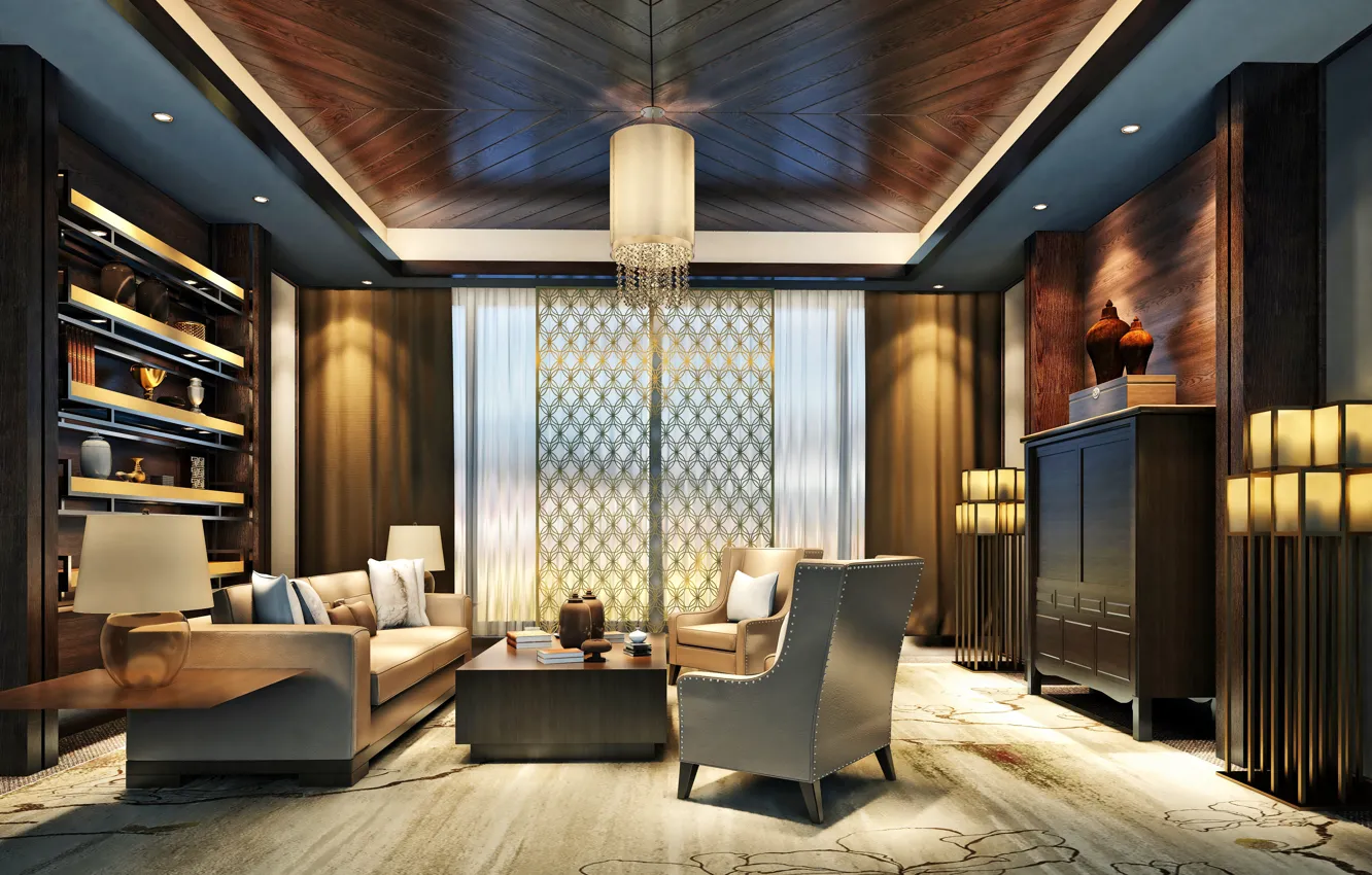 Photo wallpaper design, furniture, interior, chandelier, living room