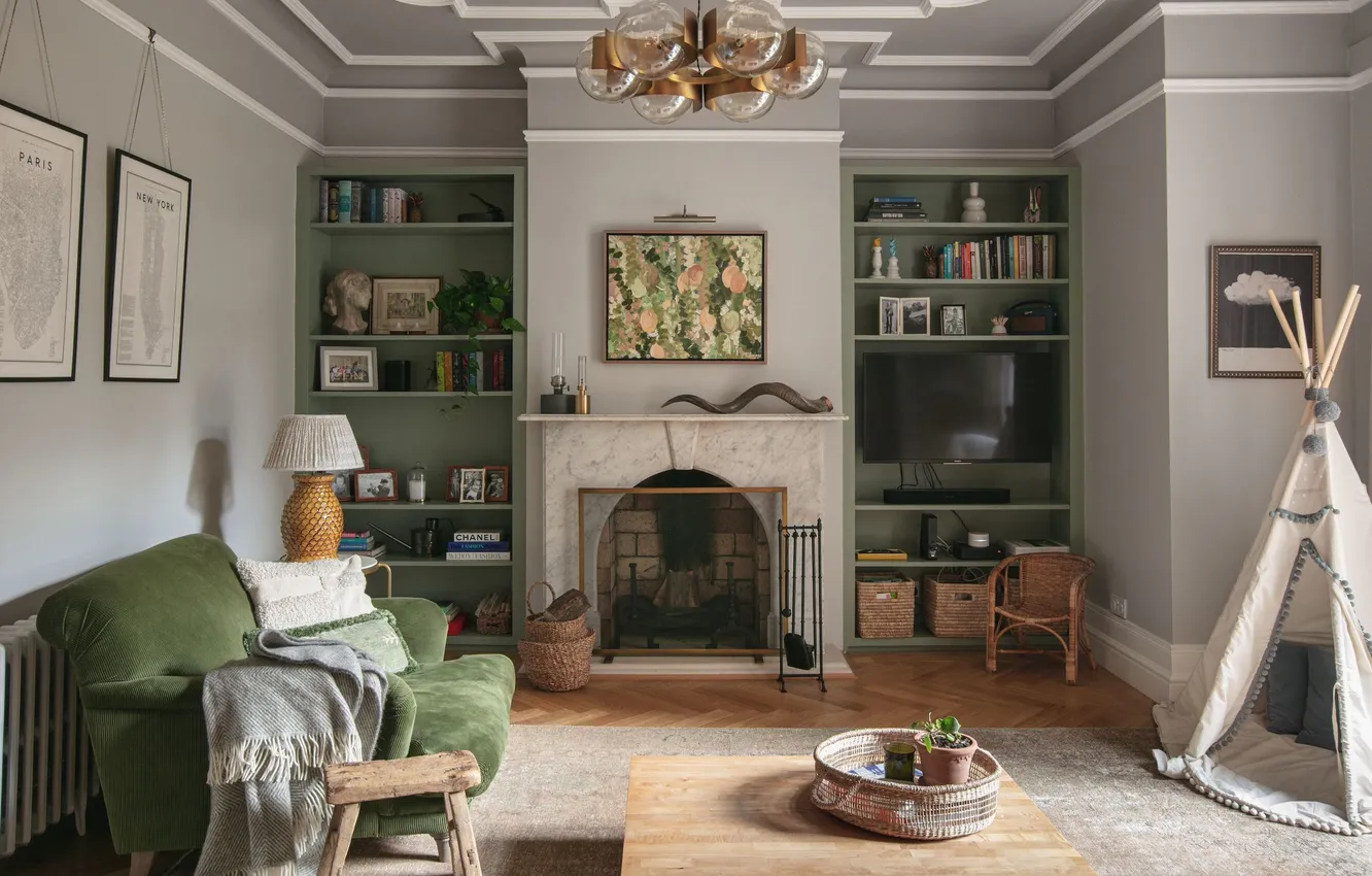 Photo wallpaper design, style, room, interior, chair, book, fireplace, the scenery