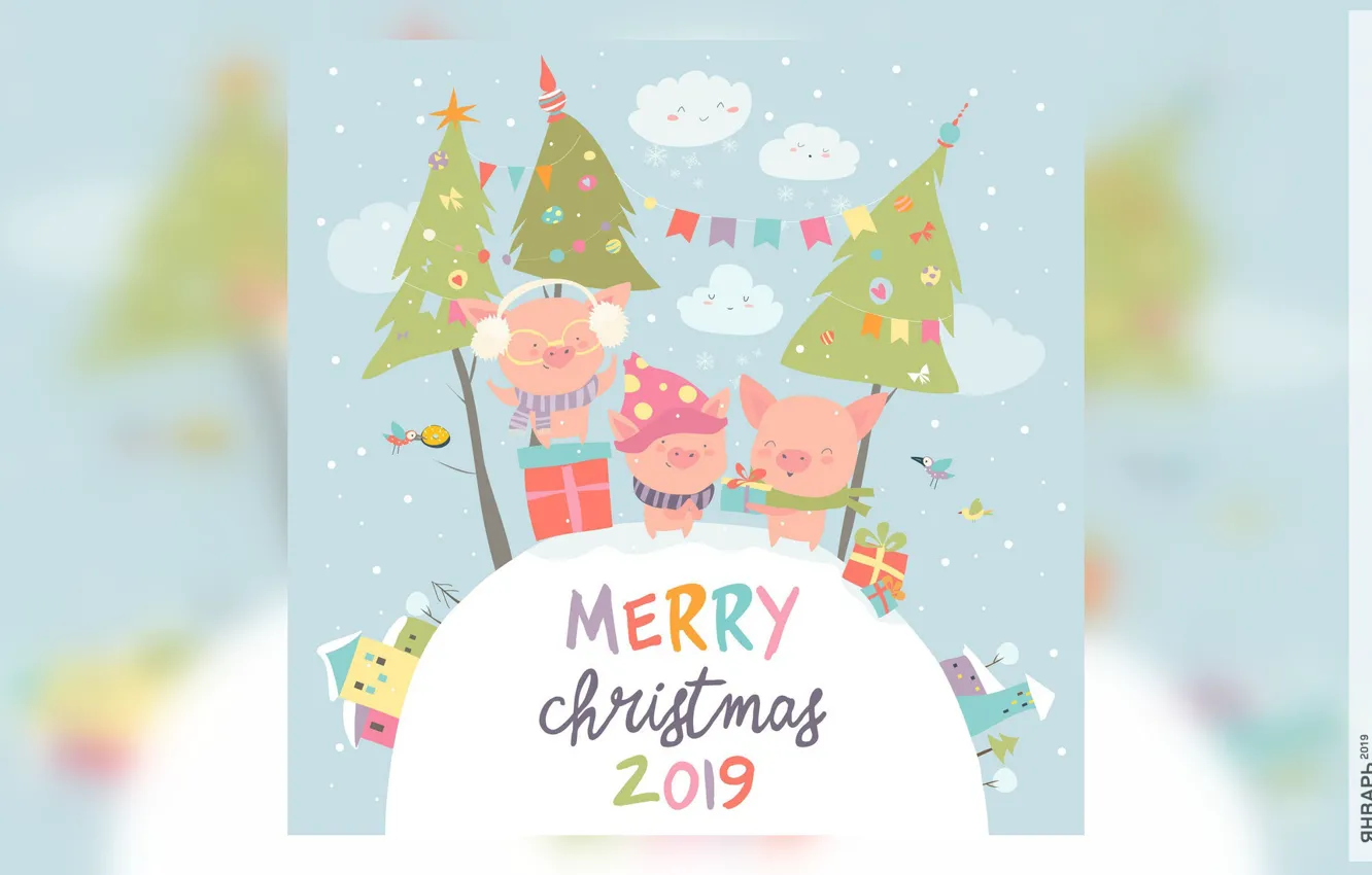 Photo wallpaper house, tree, calendar, pig, 2019