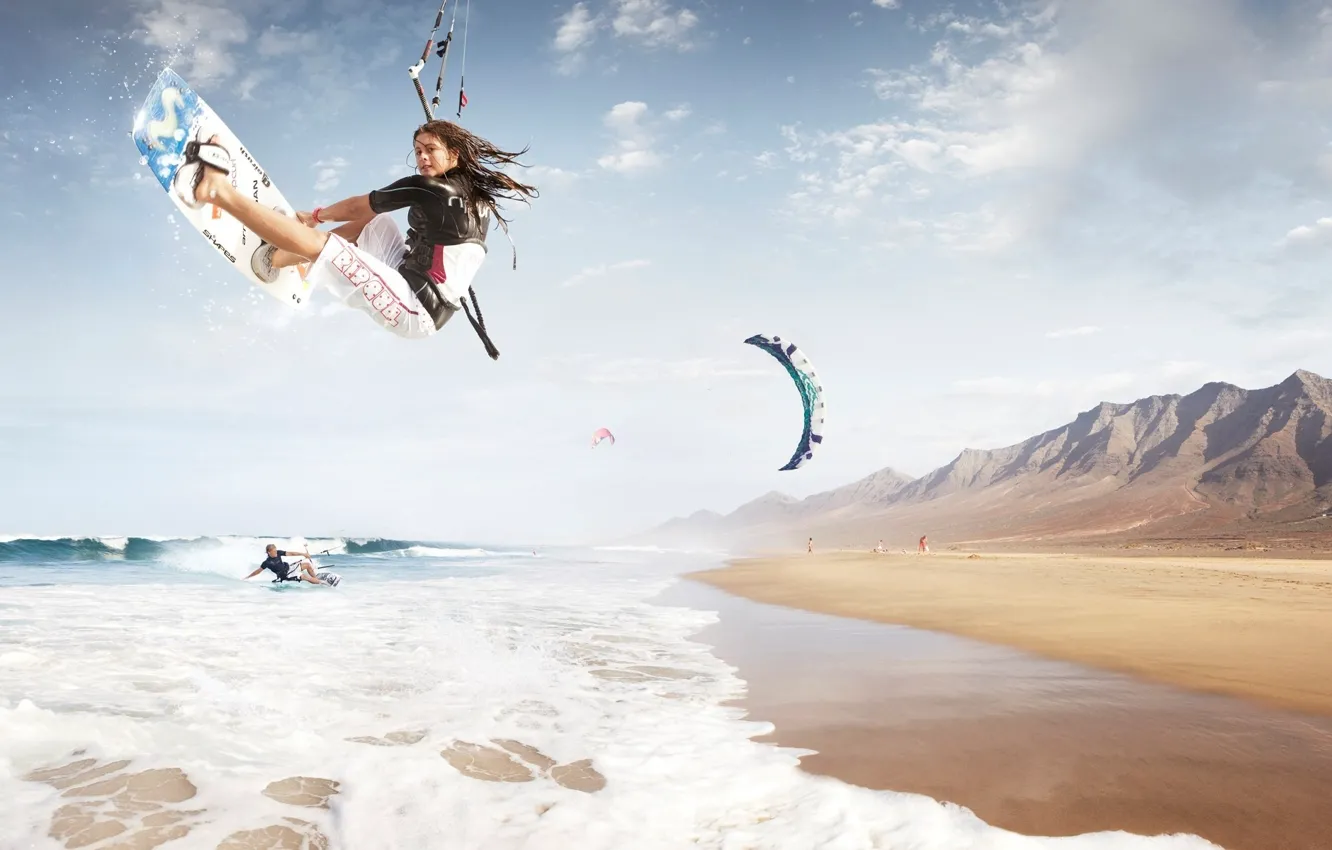Photo wallpaper waves, beach, mountains, foam, kitesurf