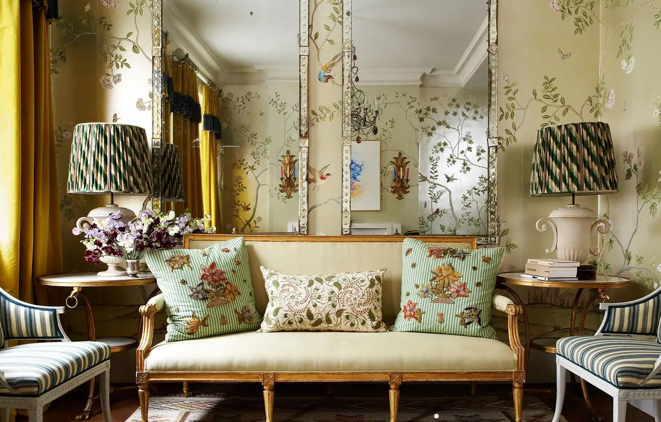 Photo wallpaper design, room, Wallpaper, interior, mirror, living room, upholstered furniture, by House & Garden